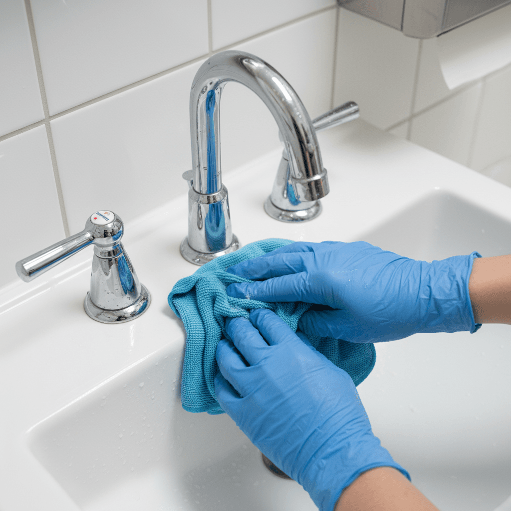 Professional restroom fixtures being disinfected