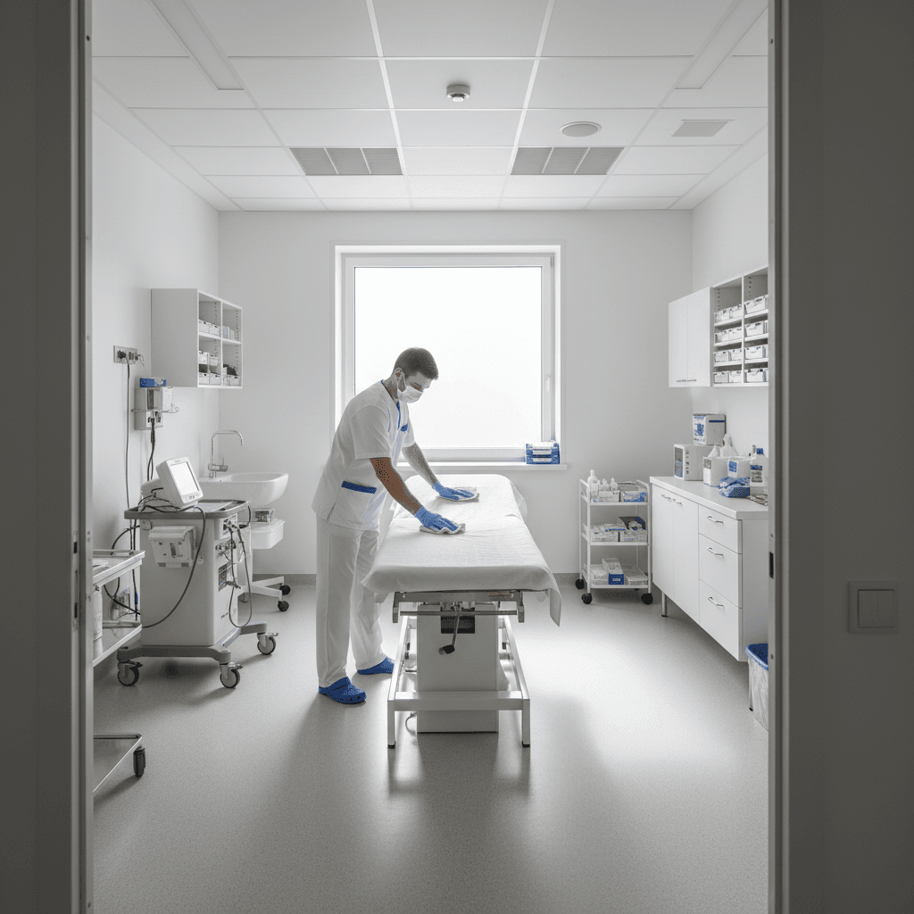 Exam room being sanitized with disinfectant solution